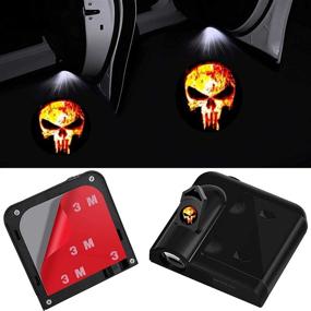 img 4 attached to 🚪 Wireless Door Sensor Lights (2pcs) with 3D Ghost Shadow Emblems, No Drilling LED Laser Door Shadow Light Welcome Projector Lamps, Compatible with Ford, Audi, VW, Dodge, Toyota, Honda - Punisher Skull Design