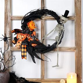 img 3 attached to 🎃 14 Inch Halloween Grapevine Wreath with Scary Skeleton, Artificial Roses, Leaves, and Bowknots - Front Door, Wall, Window Halloween Decoration