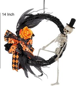 img 1 attached to 🎃 14 Inch Halloween Grapevine Wreath with Scary Skeleton, Artificial Roses, Leaves, and Bowknots - Front Door, Wall, Window Halloween Decoration