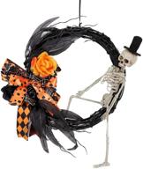 🎃 14 inch halloween grapevine wreath with scary skeleton, artificial roses, leaves, and bowknots - front door, wall, window halloween decoration logo