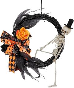 img 4 attached to 🎃 14 Inch Halloween Grapevine Wreath with Scary Skeleton, Artificial Roses, Leaves, and Bowknots - Front Door, Wall, Window Halloween Decoration