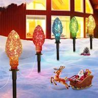 🎄 jumbo c9 outdoor christmas lights with pathway marker stakes - 6.5 ft mini lights, glitter multicolor bulbs for holiday yard garden decor - pack of 5 lights логотип