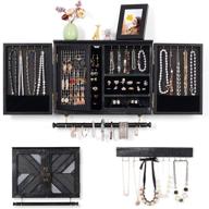 🪶 ikkle rustic jewelry organizer: wall-mounted cabinet storage with wooden barn door – neatly holds necklaces, earrings, rings and bracelets – removable rod and hooks – rustic black design логотип