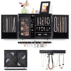 img 4 attached to 🪶 Ikkle Rustic Jewelry Organizer: Wall-Mounted Cabinet Storage with Wooden Barn Door – Neatly Holds Necklaces, Earrings, Rings and Bracelets – Removable Rod and Hooks – Rustic Black Design