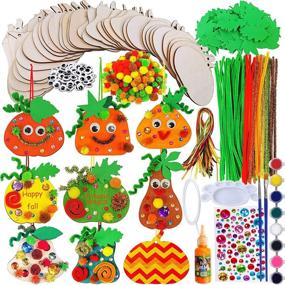 img 4 attached to 🎃 Vibrant 36-Set DIY Fall Pumpkin Decoration Craft Kit: Unfinished Wood Cutouts, Paints, Pom-Poms, Googly Eyes - Perfect for Kids' Autumn, Halloween, Thanksgiving Décor