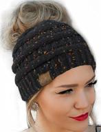 fengge cable knit messy bun hat - soft & stretchy, winter warm, fuzzy lined ear warmer logo