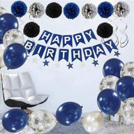 🎂 navy blue and silver birthday party decorations featuring happy birthday banner, tissue paper flowers pom pom, pennant, circle dot string, and latex balloons logo