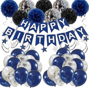 img 3 attached to 🎂 Navy Blue and Silver Birthday Party Decorations featuring HAPPY BIRTHDAY Banner, Tissue Paper Flowers Pom Pom, Pennant, Circle Dot String, and Latex Balloons