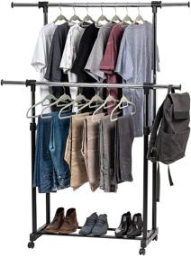 img 4 attached to IRIS USA Height Adjustable Portable Clothes Rack with 👚 Lockable Wheels - Double Rod Rolling Garment Rack for Hanging Clothes