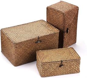 img 1 attached to 🧺 Organize and Declutter with Hipiwe Set of 3 Handwoven Seagrass Storage Baskets - Stylish and Spacious Rectangular Wicker Bins with Lid for Household and Wardrobe Organization, Coffee