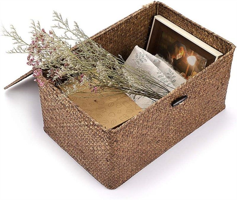 Hipiwe Wicker Shelf Baskets Bin with Lid, Handwoven Seagrass Basket Storage  Bins Rectangular Household Basket Boxes for Shelf Wardrobe Home Organizer,  Coffee X-Small