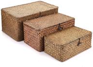 🧺 organize and declutter with hipiwe set of 3 handwoven seagrass storage baskets - stylish and spacious rectangular wicker bins with lid for household and wardrobe organization, coffee logo