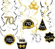 🎉 happy 70th birthday party decorations - set of 16 ceiling hanging swirls in silver, black, and gold foil streamers - premium birthday party supplies логотип