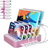 5 port usb charging station dock with 7 short mixed cables - ideal gift for women, mothers, girls, girlfriends - compatible with iphone, ipad, cell phone, tablets, and more electronics - pretty pink design logo