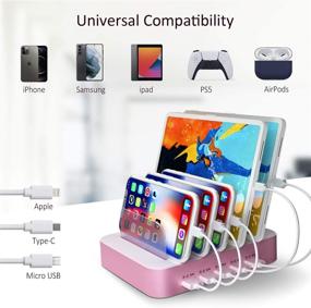 img 1 attached to 5 Port USB Charging Station Dock with 7 Short Mixed Cables - Ideal Gift for Women, Mothers, Girls, Girlfriends - Compatible with iPhone, iPad, Cell Phone, Tablets, and More Electronics - Pretty Pink Design