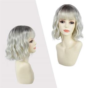 img 2 attached to Wavy Bob Wig with Bangs - Natural Ombre Silver Synthetic Hair Shoulder Length Short Curly Wigs for Women (ROSEBUD)