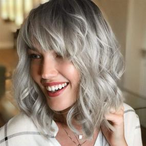 img 4 attached to Wavy Bob Wig with Bangs - Natural Ombre Silver Synthetic Hair Shoulder Length Short Curly Wigs for Women (ROSEBUD)