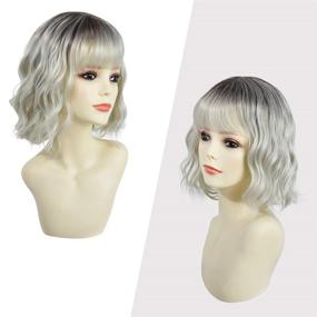 img 3 attached to Wavy Bob Wig with Bangs - Natural Ombre Silver Synthetic Hair Shoulder Length Short Curly Wigs for Women (ROSEBUD)