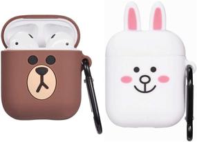 img 4 attached to 🐰 Кожаный чехол Jowhep для Airpod 2/1: дизайн из силикона, милый и модный защитный чехол с брелоком - коричневый медведь кролик 2 штуки.