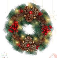 lessmo christmas wreath with 30 led lights: perfect front door decorations, flocked red berries garland ornament for indoor outdoor home wall xmas party decor - buy now! logo