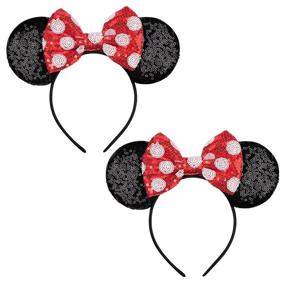 img 4 attached to 🎀 Glitter Mouse Ears Bow Headbands for Girls & Women - 2 Pcs Princess Party Decoration, Size Free (Red Bow Points)