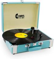 wireless connection blue portable bluetooth turntable with stereo speakers, supporting 3 speed vinyl record player logo