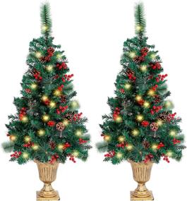 img 4 attached to 🎄 Juegoal 4 FT Pre-Lit Crestwood Spruce Christmas Tree with 120 LEDs Fairy Lights, Pine Cones, Red Berries in Gold Urn Base - Ideal for Front Door, Porch, Entryway Xmas Home Decorations (2 Pack)