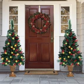 img 3 attached to 🎄 Juegoal 4 FT Pre-Lit Crestwood Spruce Christmas Tree with 120 LEDs Fairy Lights, Pine Cones, Red Berries in Gold Urn Base - Ideal for Front Door, Porch, Entryway Xmas Home Decorations (2 Pack)