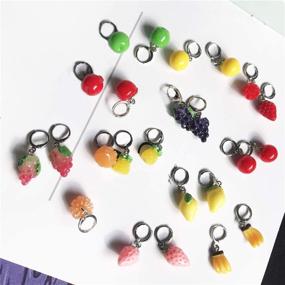 img 3 attached to 🍓 DAMLENG 12 Pairs Creative Cute Simulation Fruits Dangle Drop Earrings Sets - Handmade Lemon Strawberry Hoop Earrings for Women and Girls Jewelry Gifts