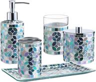 🛁 kmwares decorative mosaic glass bathroom accessories set - 5pcs in multi blue green: soap dispenser, cotton jar, tumbler, vanity tray, toothbrush holder logo