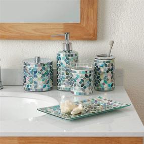 img 2 attached to 🛁 KMWARES Decorative Mosaic Glass Bathroom Accessories Set - 5PCs in Multi Blue Green: Soap Dispenser, Cotton Jar, Tumbler, Vanity Tray, Toothbrush Holder