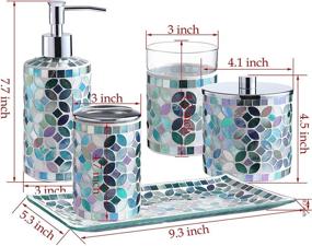 img 3 attached to 🛁 KMWARES Decorative Mosaic Glass Bathroom Accessories Set - 5PCs in Multi Blue Green: Soap Dispenser, Cotton Jar, Tumbler, Vanity Tray, Toothbrush Holder