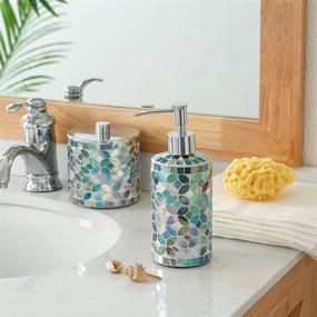 img 1 attached to 🛁 KMWARES Decorative Mosaic Glass Bathroom Accessories Set - 5PCs in Multi Blue Green: Soap Dispenser, Cotton Jar, Tumbler, Vanity Tray, Toothbrush Holder