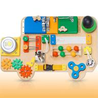 🌈 multicolored toddler busy board car: wooden handmade baby sensory activity boards with keys, lock, latches, fidget spinner, buckle - ideal montessori travel plane toy for 1 2 3 year olds logo
