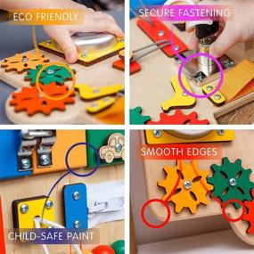img 2 attached to 🌈 Multicolored Toddler Busy Board Car: Wooden Handmade Baby Sensory Activity Boards with Keys, Lock, Latches, Fidget Spinner, Buckle - Ideal Montessori Travel Plane Toy for 1 2 3 Year Olds