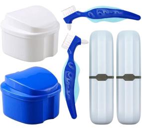 img 4 attached to удобный набор для ухода за съемными протезами с футляром для протезов, стаканами, зубной щеткой и портативным ящиком для путешествий - синий и белый