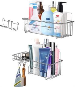 img 4 attached to Stainless Steel Shower Caddy Basket Shelf with Soap Dish Holder - 2 Pack, Wall Mounted Bathroom and Kitchen Storage Organizer with Hooks, No Drilling Required