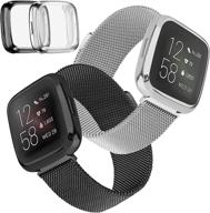 💪 tobfit [2 pack] metal bands compatible with fitbit versa 2, with [2 x tpu screen protector case] full coverage, stainless steel adjustable magnetic bracelet wristbands - black & silver, large logo