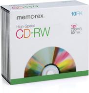 10-пакетный memorex 700 мб/80-минутный 12x cd-rw носитель с тонкими пластиковыми коробками для дисков. логотип