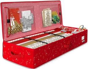 img 4 attached to CLOZZERS Wrapping Paper Organizer and Storage Box with 2 Large 🎁 Accessory Pockets, Heavy Duty and Water Resistant, Holds 24 Rolls, Red Stars Design