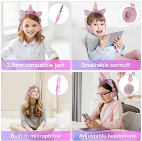 img 1 attached to 🦄 Unicorn Kids Headphones with Microphone - Ideal for Online Learning, Travel, and School - Pink, 85dB Volume Limit, Stereo Sound - Compatible with Smartphone, Tablet, Kindle, PC - 3.5mm Audio Jack