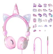 🦄 unicorn kids headphones with microphone - ideal for online learning, travel, and school - pink, 85db volume limit, stereo sound - compatible with smartphone, tablet, kindle, pc - 3.5mm audio jack logo
