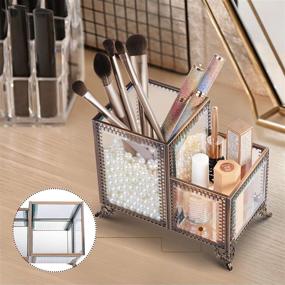 img 3 attached to Makeup Brush Holder Glass Cosmetic Organizer with 2 Compartments | Makeup Storage for Brushes, Lipsticks | Stylish Desk Organizer Pen Holder for Desktop, Office, Dresser | Decorative Vintage Edge