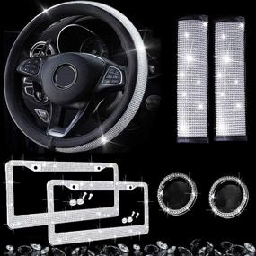 img 4 attached to 💎 Dyshuai 7Pcs Bling Car Accessories Set for Women: Stylish Bling Steering Wheel Cover, Universal Fit 15-Inch, Crystal Seat Belt Covers, Diamond License Plate Frames, Rhinestone Emblem Sticker Rings (Bling-7Packs)