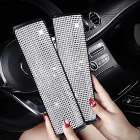 img 2 attached to 💎 Dyshuai 7Pcs Bling Car Accessories Set for Women: Stylish Bling Steering Wheel Cover, Universal Fit 15-Inch, Crystal Seat Belt Covers, Diamond License Plate Frames, Rhinestone Emblem Sticker Rings (Bling-7Packs)