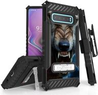 beyond cell trishield series compatible with s10 case/military grade rugged cover [metal kickstand] belt clip holster compatible with samsung galaxy s10 (2019)- wild night wolf logo