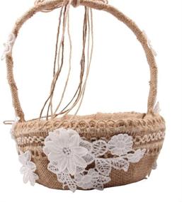 img 1 attached to 🌸 8.6 Inch Handmade Flower Girl Basket: Burcan, Natural Burlap with Lace - Perfect for Wedding Decor