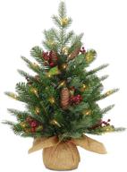 🎄 national tree company pre-lit feel real mini christmas tree 3 feet green nordic spruce with white lights, pine cones, and red berries - includes burlap bag base logo
