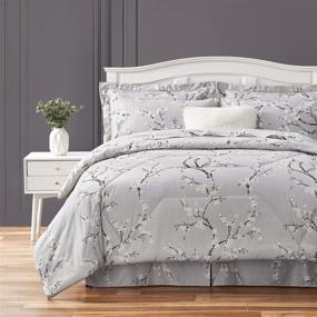 img 4 attached to 🛏️ Hansleep 8-Piece Queen Size Bed in a Bag Comforter Set with White Plum Pattern - Comforter, Fitted Sheet, Bed Skirt, Flat Sheet, Pillowcases, Pillow Shams - Grey, Full/Queen