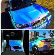 xhuangtech holographic rainbow neo chrome car vinyl wrap gloss air bubble free adhesive decal sticker film sheet diy (sky blue logo